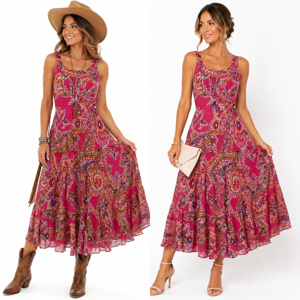 Paisley Tiered‎ Maxi Dress Small Pink Sleeveless Boho Pleated Neckline